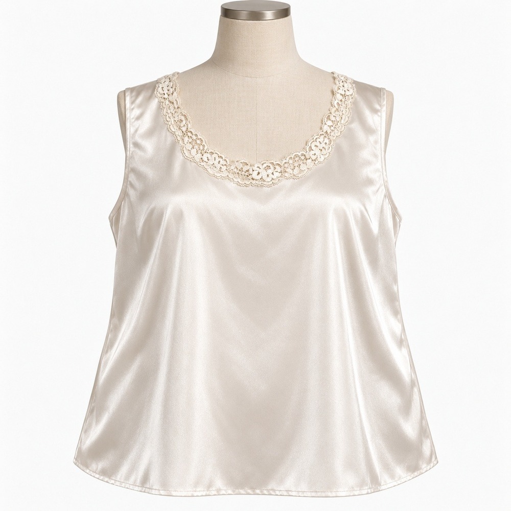 Ivory Champagne Satin Lace Trim Tank 26/28W Romantic Coquette Y2K Plus Size
